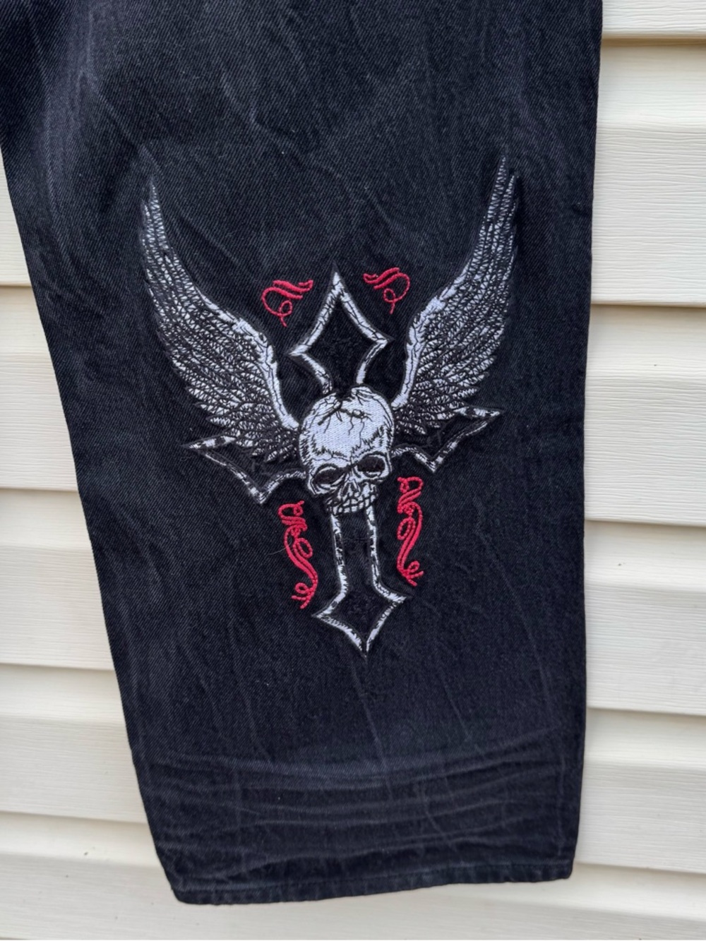 Affliction Black Jeans Red Skull Embroidery Y2K Biker 38X32 Men - Picture 4 of 16